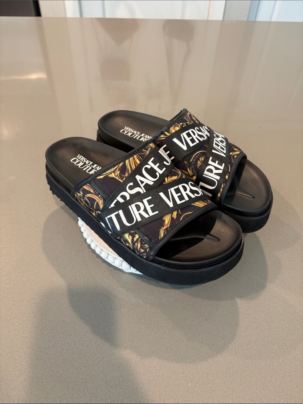 Versace Jeans Couture Black Gold Baroque Print Wide Strap Sandals